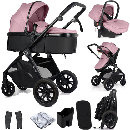 For Your Little One Cruise 3-in-1 Travel System with i-Size Car Seat, Stroller with Carrycot, 13kg Pram, Height Adjustable Handle, Pram, Newborn 0-4 Years Free Raincover and Cupholder (Blush Rose)