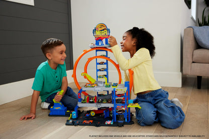 Hot Wheels toy car track set featuring two loops, storage for 37 cars, and a die-cast car and helicopter.