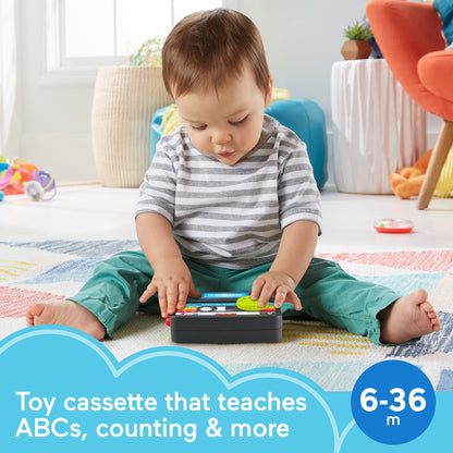 Fisher-Price Laugh & Learn Puppy’s Mixtape featuring colorful toy with buttons, music symbols, and a friendly puppy character.