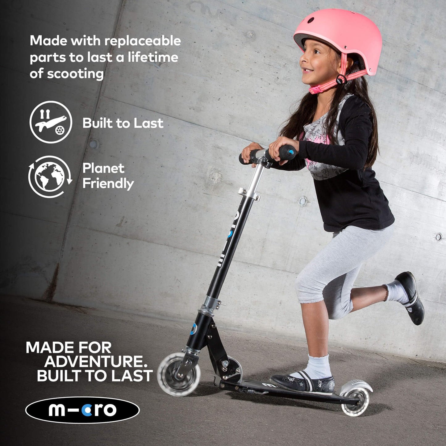 Micro Scooters | Micro Sprite Classic LED Children's Scooter | Handlebar Adjustable | Light Up Wheels | Foldable | Kickstand | 5 to Teen | Boys & Girls | Black