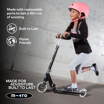 Micro Scooters | Micro Sprite Classic LED Children's Scooter | Handlebar Adjustable | Light Up Wheels | Foldable | Kickstand | 5 to Teen | Boys & Girls | Black