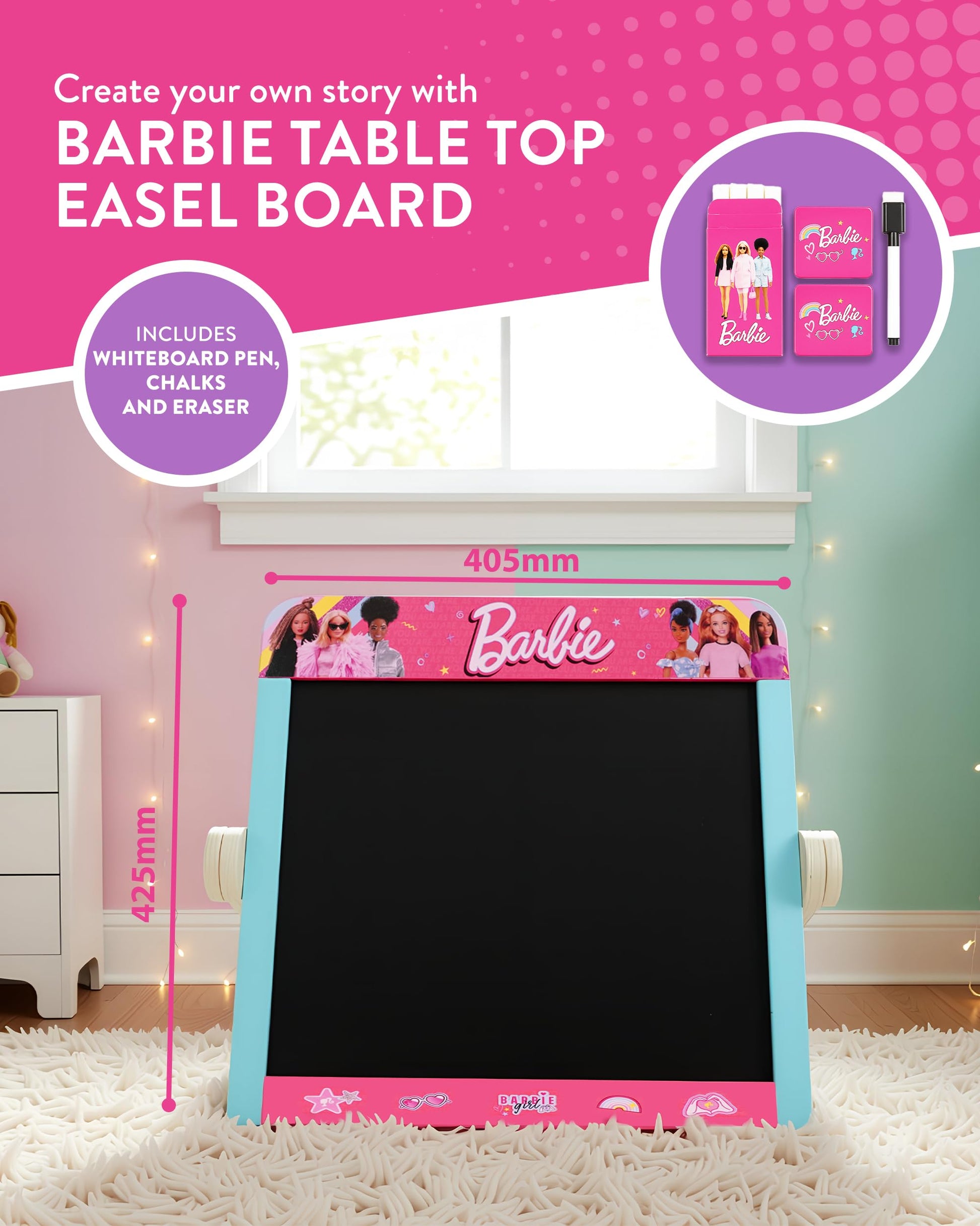 Barbie 2-in-1 wooden tabletop art board with double-sided blackboard and whiteboard, pen, eraser, and chalk for kids' creative play
