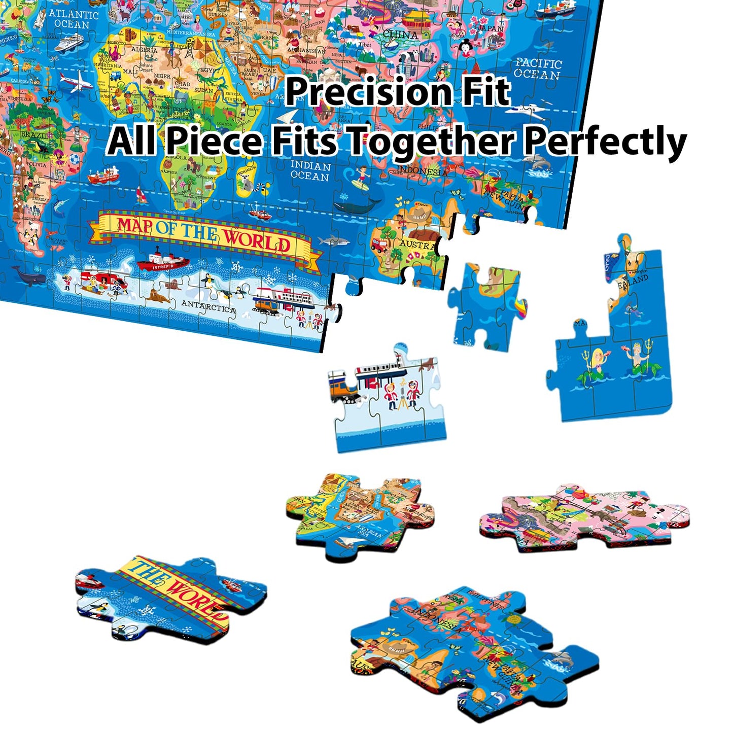 Learncredibles geography jigsaw puzzle featuring a world map with continents and countries, designed for kids aged 7+ for educational fun.