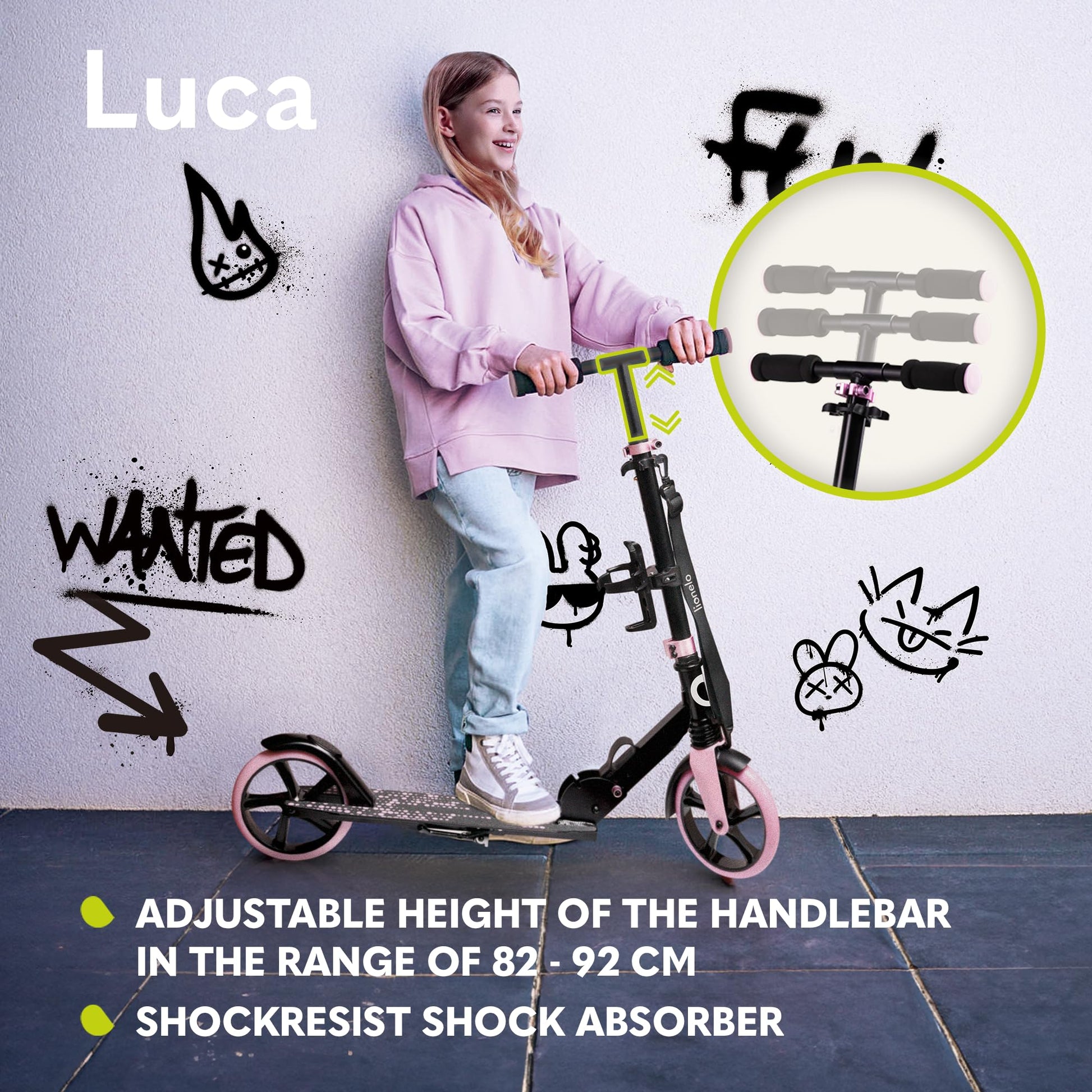 Lionelo Luca lightweight scooter for kids and teens, foldable design, adjustable handlebars, non-slip platform, 20cm wheels.