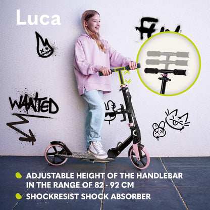 Lionelo Luca lightweight scooter for kids and teens, foldable design, adjustable handlebars, non-slip platform, 20cm wheels.