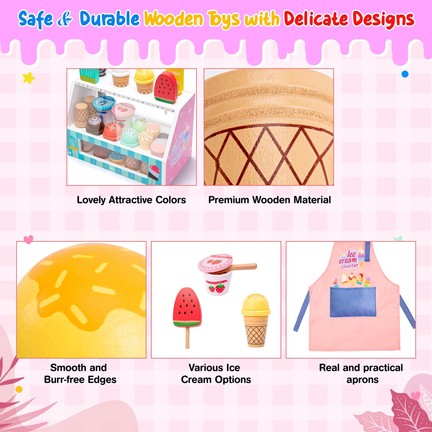 WIKITOT Ice Cream Toys for Kids, 51 Pieces Wooden Ice Cream Cart Role Play Toys for 3 to 7 Year Old Girls Boys Bithday Gifts