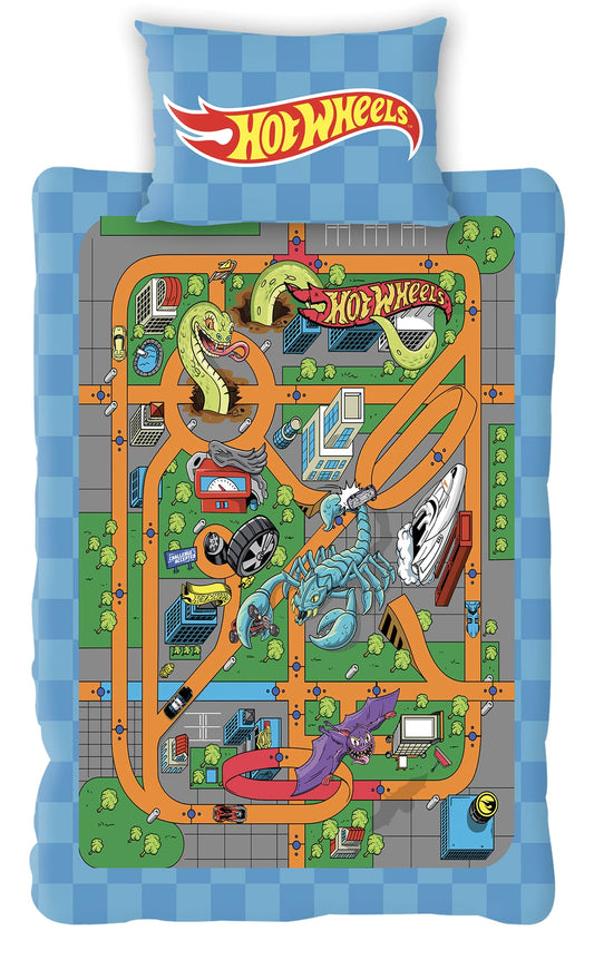 Hot Wheels Dino City design single duvet cover set with pillowcase, featuring colorful car and dinosaur graphics.