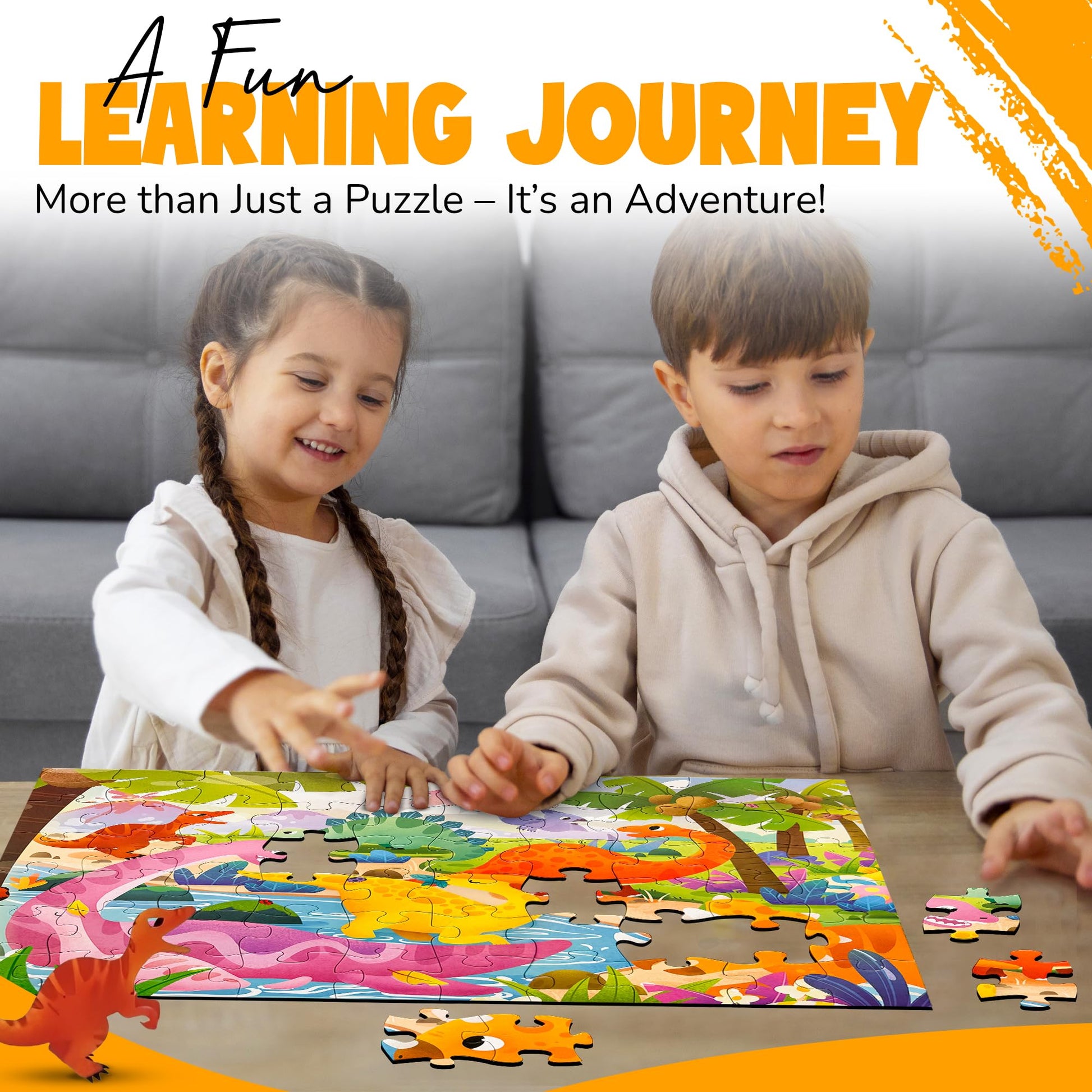 Colorful 60-piece dinosaur puzzle for kids ages 3-8, featuring dinosaurs and prehistoric scenes, perfect for educational play and travel.