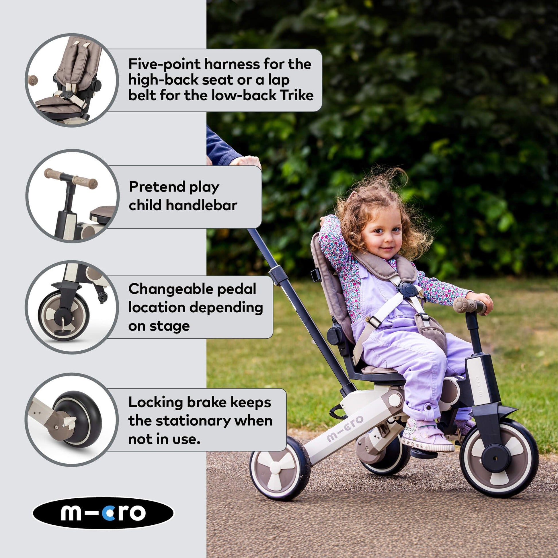 Latte brown Micro FlexiTrike foldable toddler tricycle with parent handle and 360-degree rotating wheels.