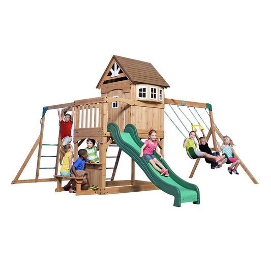 Backyard Discovery Montpelier 100% Cedar Wood Swing Set | Outdoor Playground for Kids | Garden Climbing Frame for Children | 1 Trapeze and 2 Belt Swings | 2.4m Wave Slide | Moneky Bars