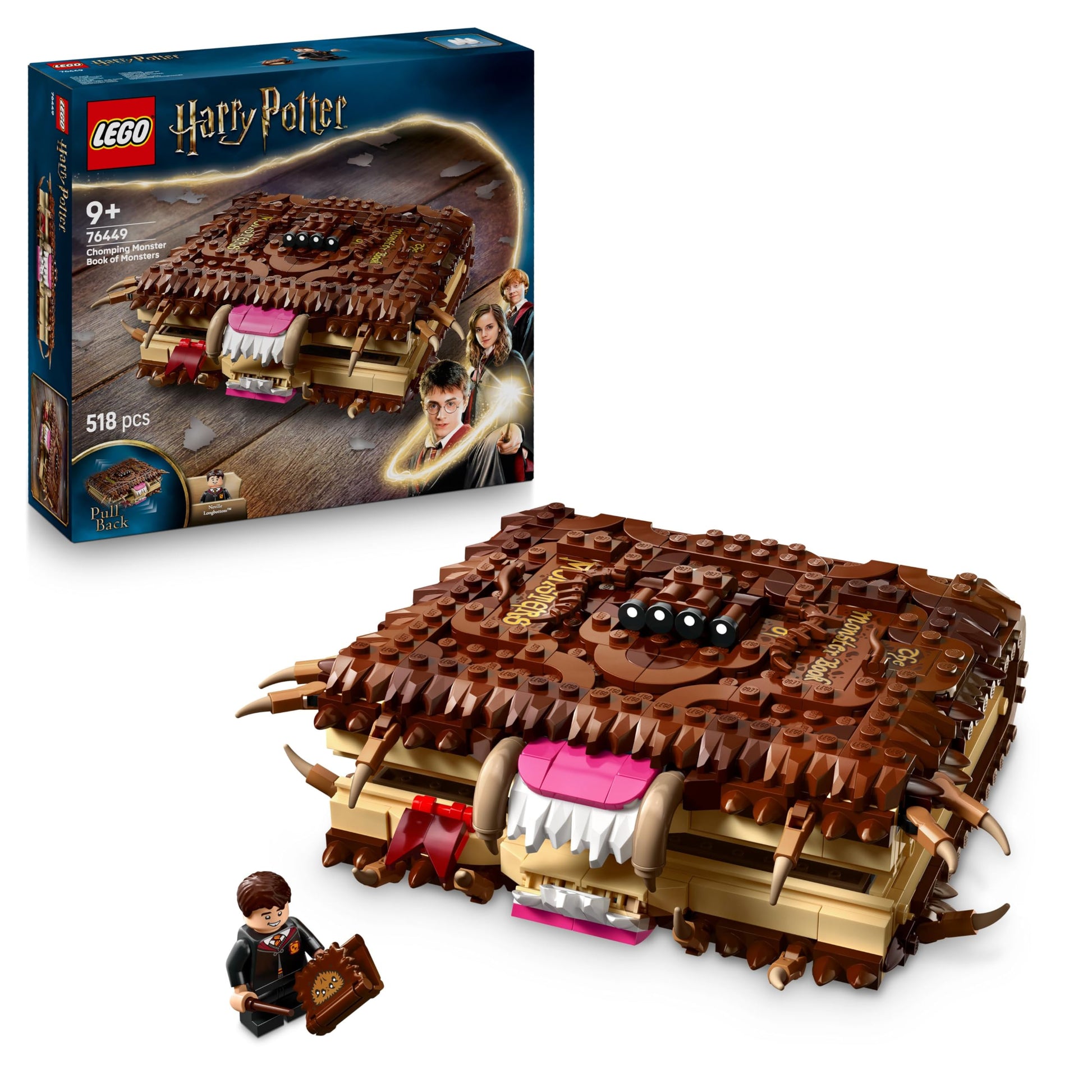 LEGO Harry Potter Chomping Monster Book of Monsters toy with interactive chomping mouth and Neville Longbottom minifigure.