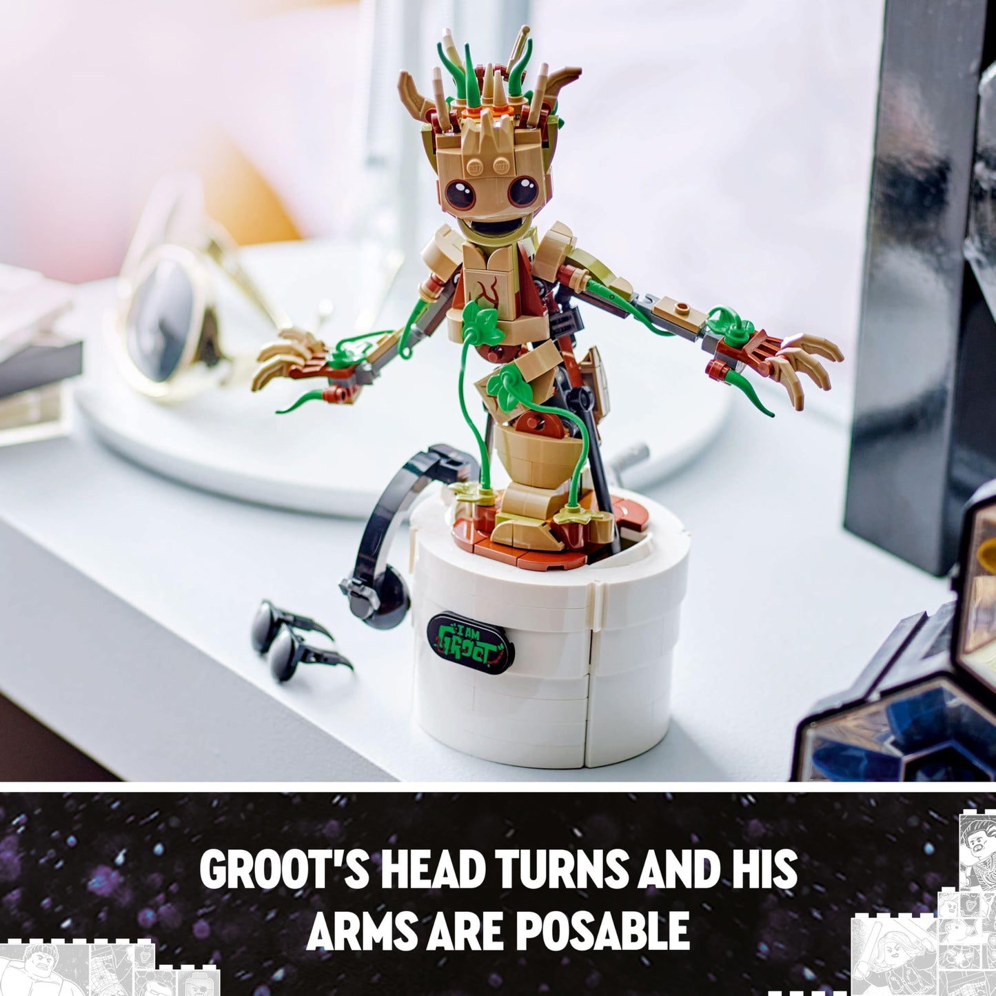 LEGO Marvel Dancing Groot buildable action figure from Guardians of the Galaxy, featuring interactive hand-operated design.
