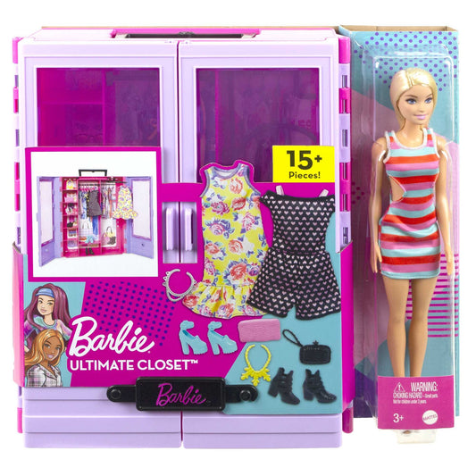 Barbie Fashionistas Ultimate Closet toy with doll, clothing, accessories, and hangers in a colorful, portable design.