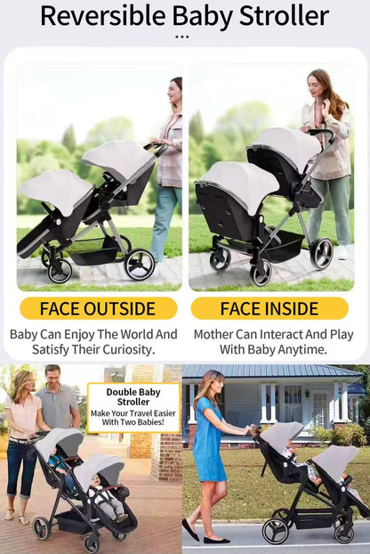 Rexhan Twin 4 in 1 Reversible Travel System, Foldable Double Baby Buggy, Twin Toddler Pram, Pushchair, Tandem All in One Stroller, Lightweight, Portable Baby Carriage, Newborn 0-4 Year, Aluminium
