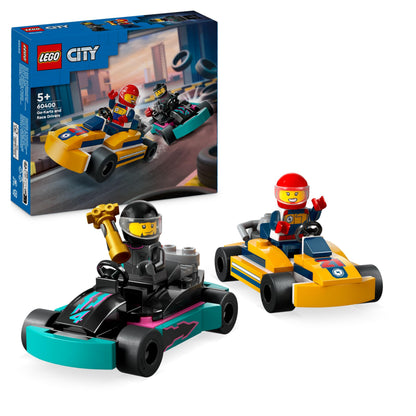 LEGO City Go-Karts playset with two driver minifigures and colorful racing vehicles for kids aged 5 and up.