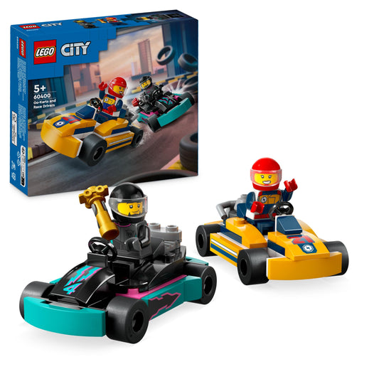 LEGO City Go-Karts playset with two driver minifigures and colorful racing vehicles for kids aged 5 and up.