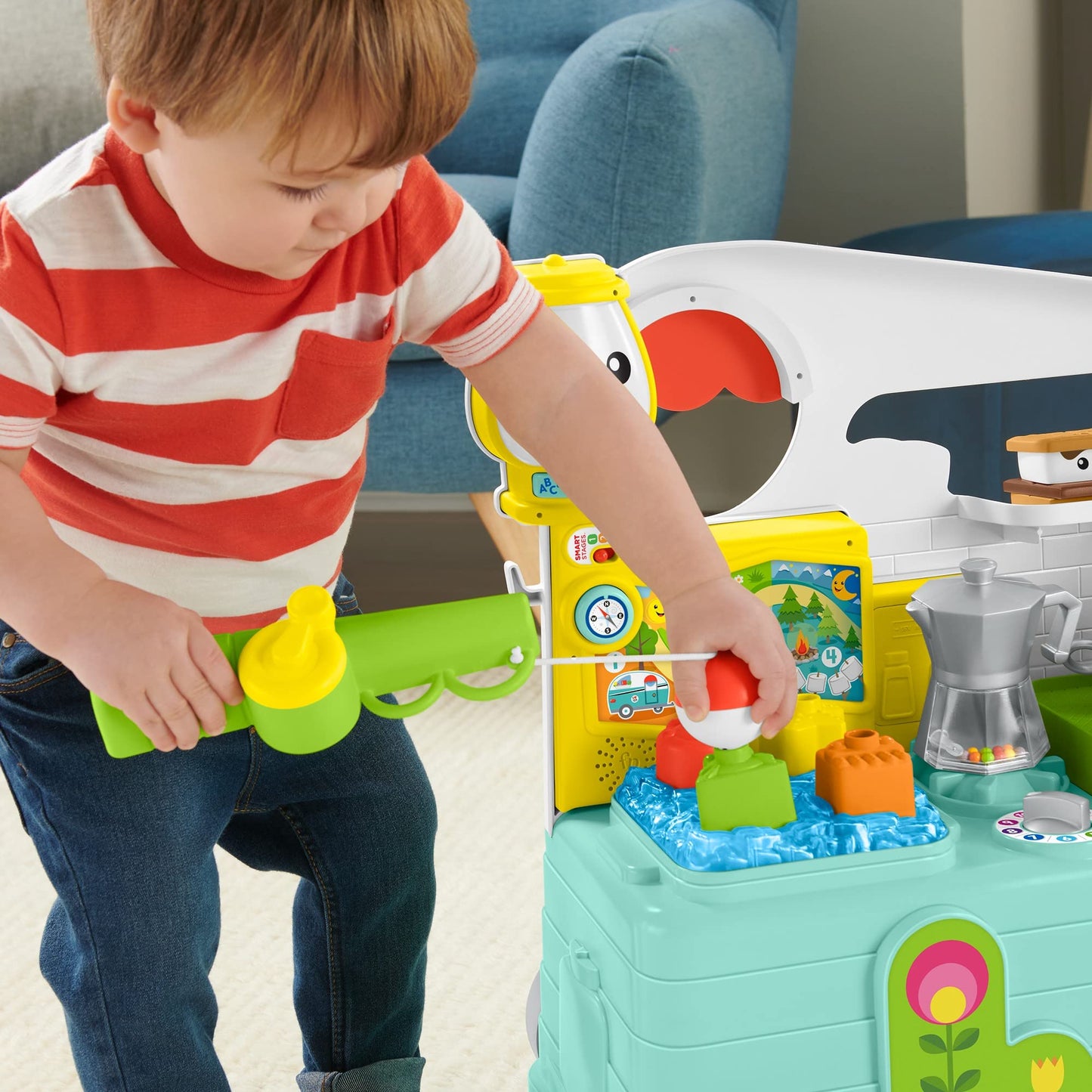 Fisher-Price Laugh & Learn 3-in-1 On-The-Go Camper for infants, colorful musical push-along walker and activity center.