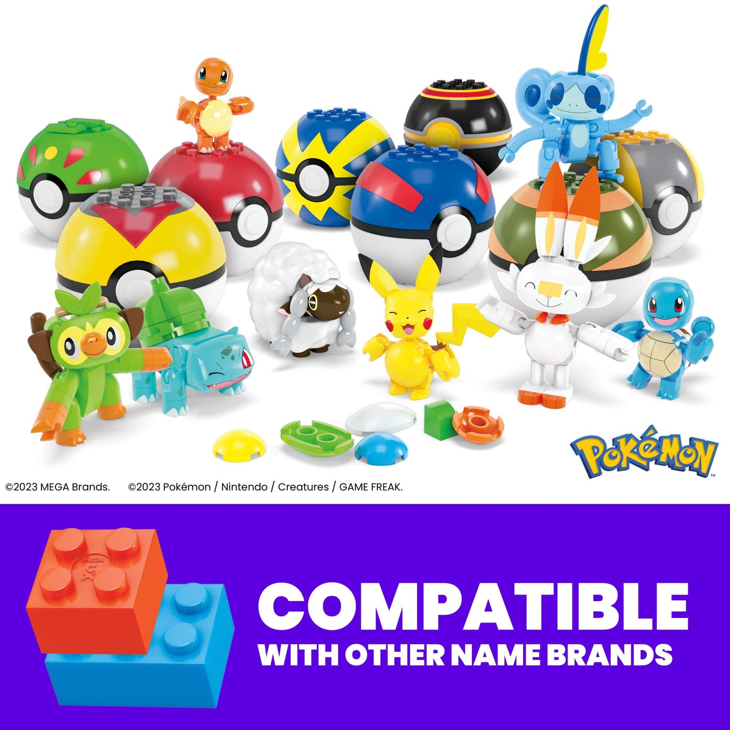 MEGA Pokémon action figure building set featuring Pikachu, Charmander, and Squirtle with 191 pieces for kids.