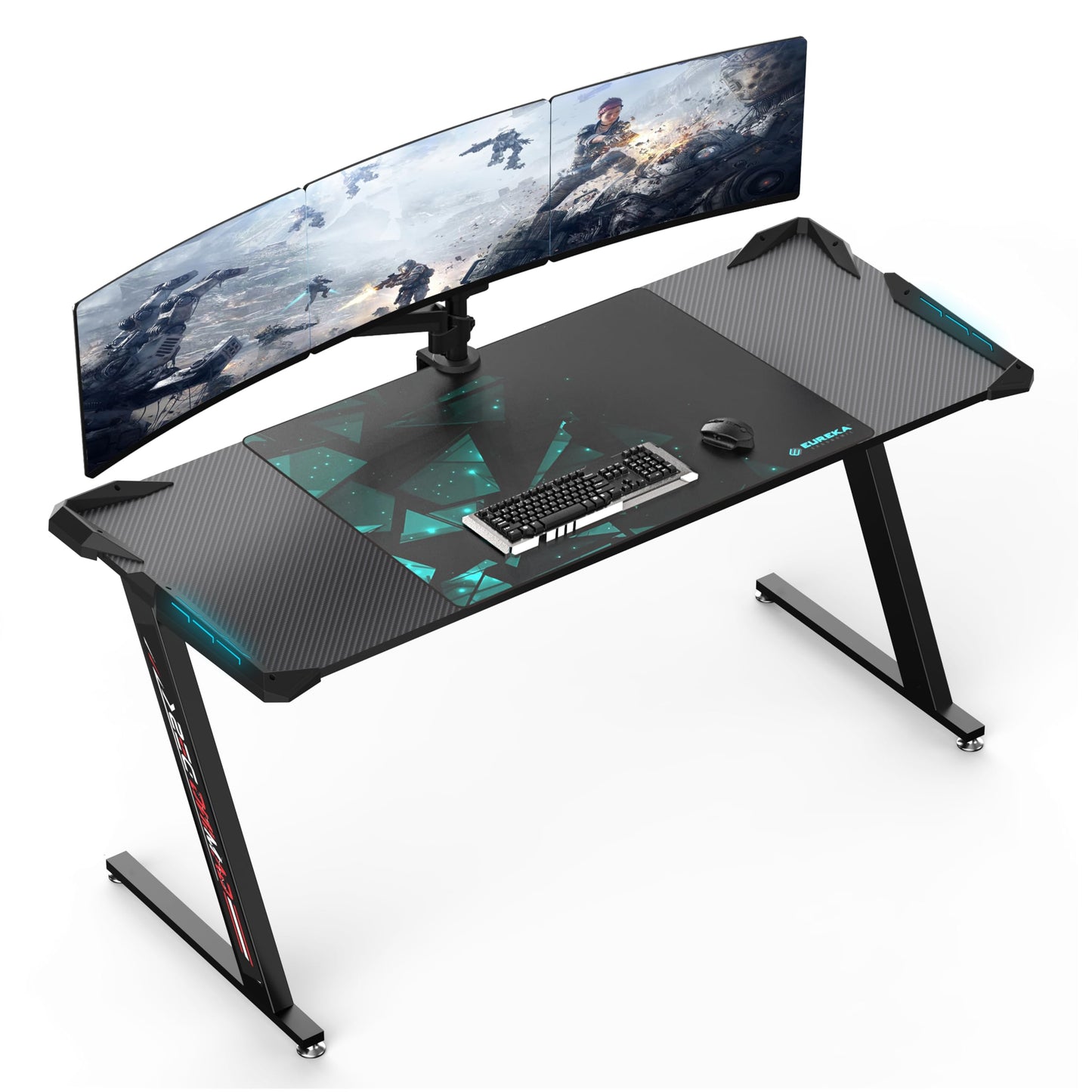 EUREKA ERGONOMIC Gaming Desk with Led Lights 156×64cm Large RGB Ergonomic Gaming Computer Desk for Home Office Work Study Writing with Mouse Pad, Easy to Assemble, Carbon Fiber Black