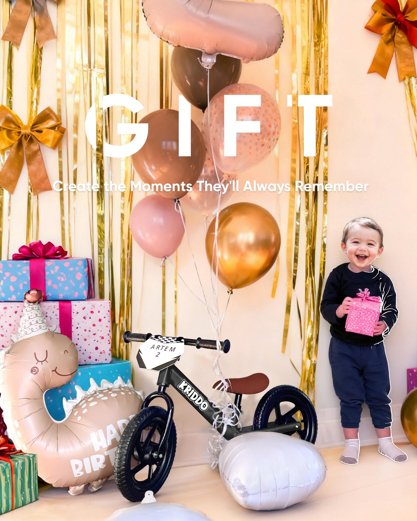 KRIDDO Toddler Balance Bike 2 Year Old, Age 18 Months to 5 Years Old, 12 Inch Push Bicycle with Customize Plate (3 Sets of Stickers Included), Gift Bike for 2-3 Boys Girls, Black