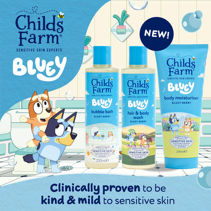 Childs Farm Bluey Berry Bubble Bath, Hair & Body Wash, and Body Moisturiser set for kids and sensitive, dry skin.