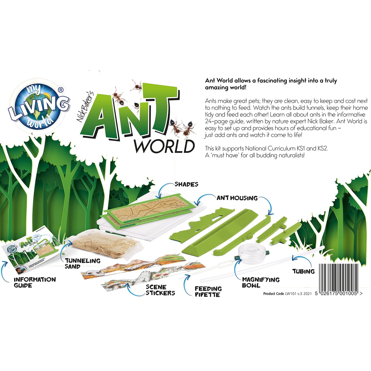 My Living World Ant World kit with equipment and a 9-page bug guide, showcasing ants and educational materials for young enthusiasts.
