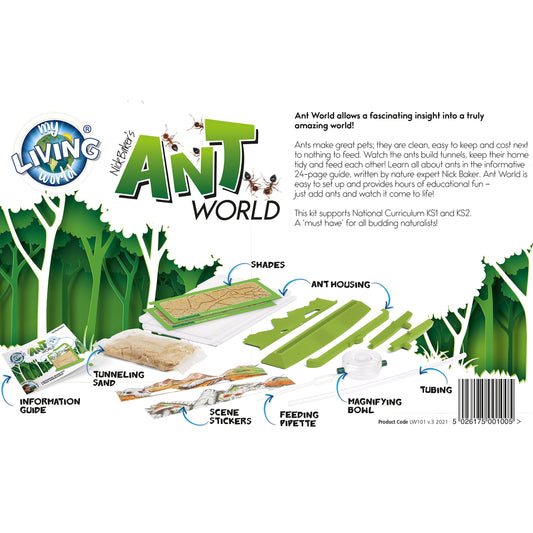 My Living World Ant World kit with equipment and a 9-page bug guide, showcasing ants and educational materials for young enthusiasts.