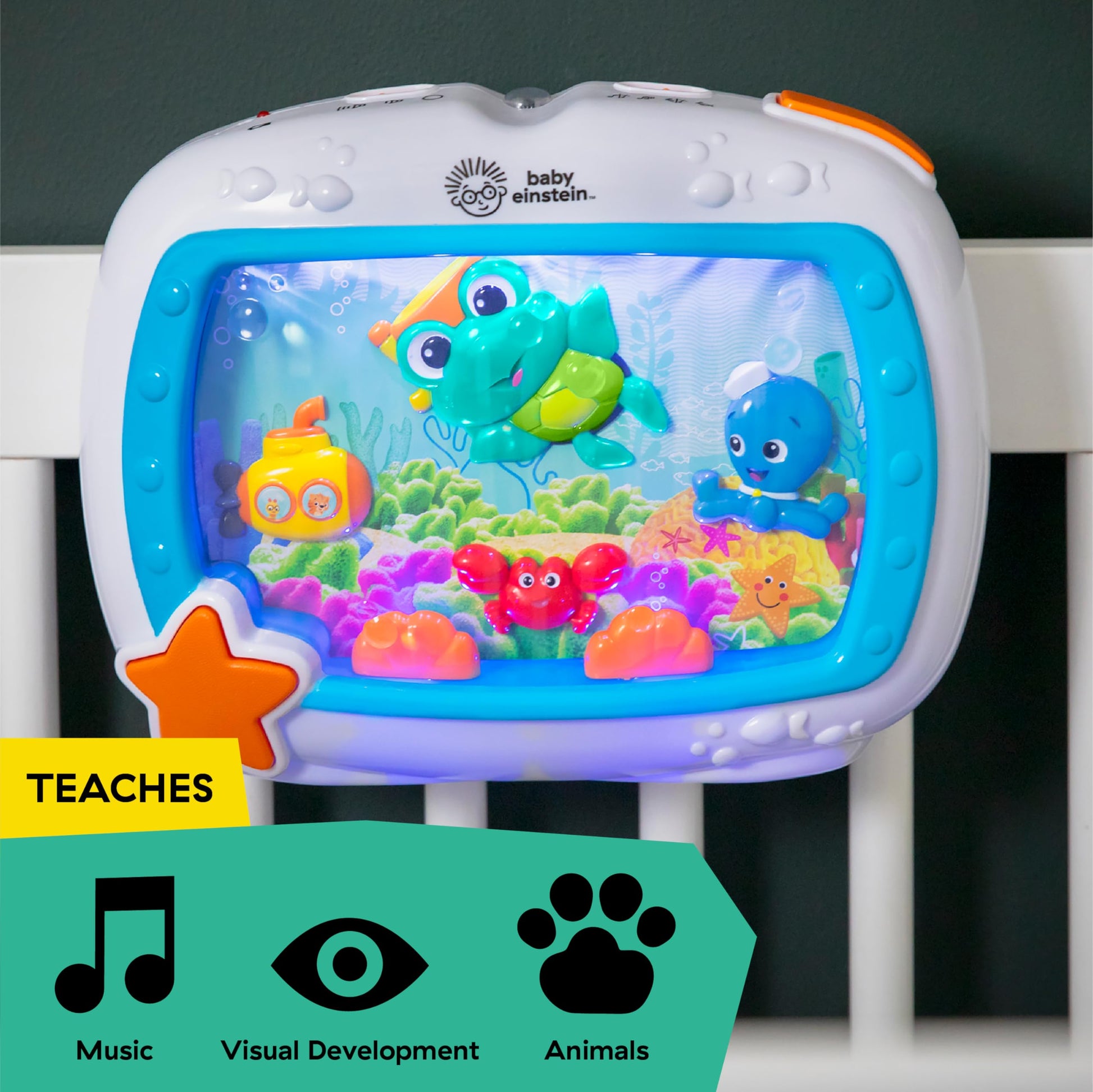 Baby Einstein Sea Dreams Soother crib toy with remote, calming lights and melodies, designed for newborns and babies.