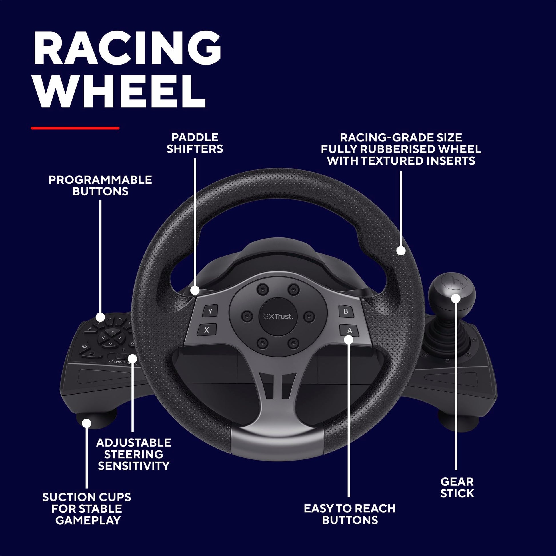 Trust Gaming GXT 289 racing wheel with pedals, paddle shifters, gear stick, and vibration feedback for PC, Xbox, PS4, and Switch.