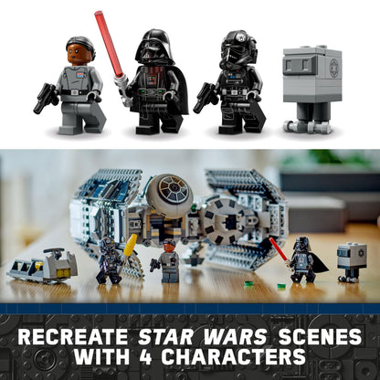 LEGO Star Wars 75347 TIE Bomber model with Gonk Droid and Darth Vader minifigure holding a lightsaber.