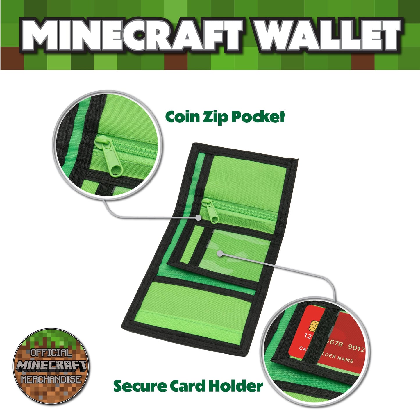 Minecraft Boys Wallet for Kids with Card Slots & Zip Coin Pocket Creeper Gamer Accessories Gaming Gift