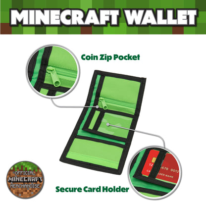Minecraft Boys Wallet for Kids with Card Slots & Zip Coin Pocket Creeper Gamer Accessories Gaming Gift