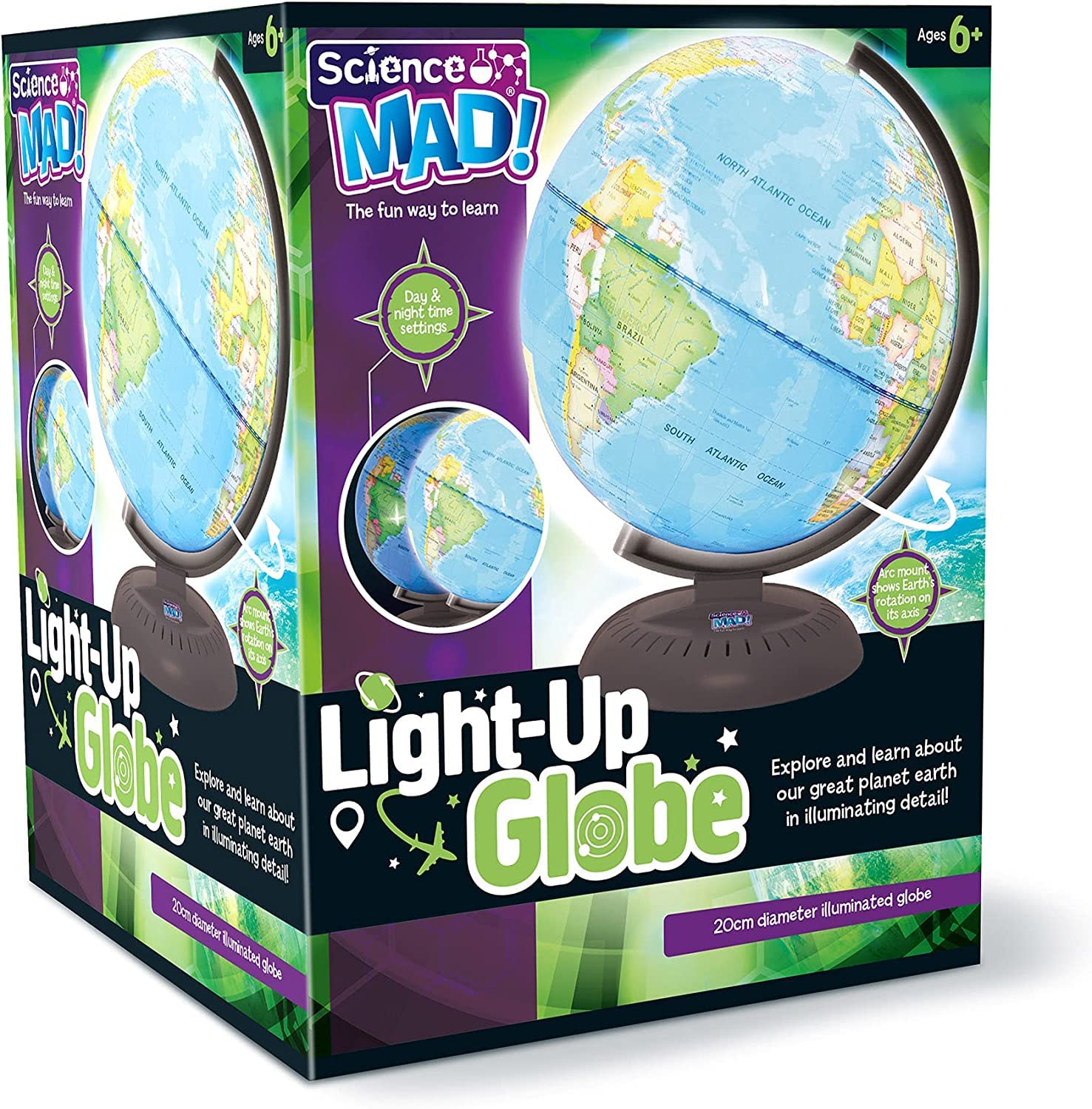 Science Mad light-up globe for kids showing Earth with day and night settings, 20cm diameter, mounted on arc stand, suitable for ages 6+.