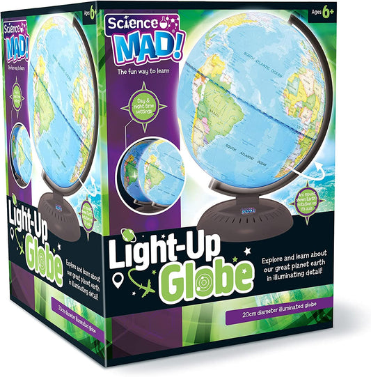 Science Mad light-up globe for kids showing Earth with day and night settings, 20cm diameter, mounted on arc stand, suitable for ages 6+.