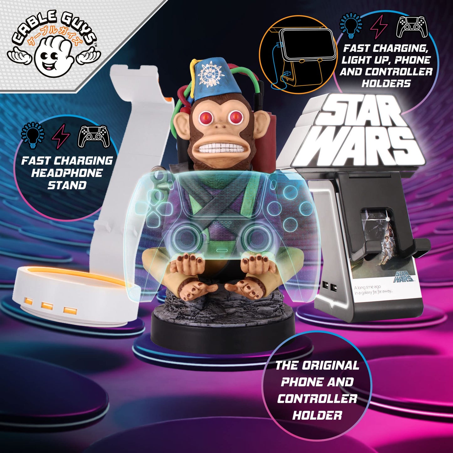Cableguys Monkey Bomb controller holder and phone stand for gaming setup, compatible with Xbox and PlayStation controllers.