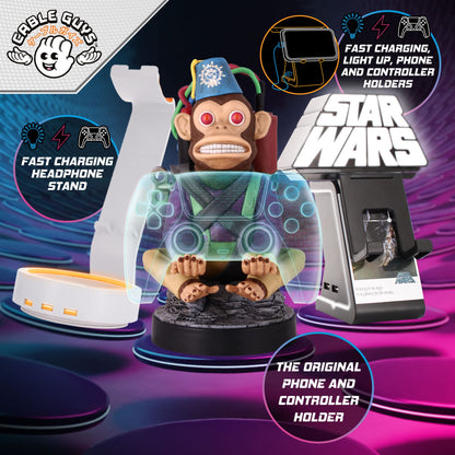 Cableguys Monkey Bomb controller holder and phone stand for gaming setup, compatible with Xbox and PlayStation controllers.