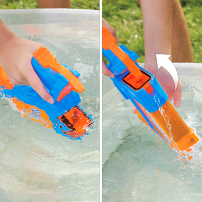 Nerf Super Soaker Flip Fill water blaster in multicolor, 887ml capacity, ideal for garden water play and outdoor water toys.