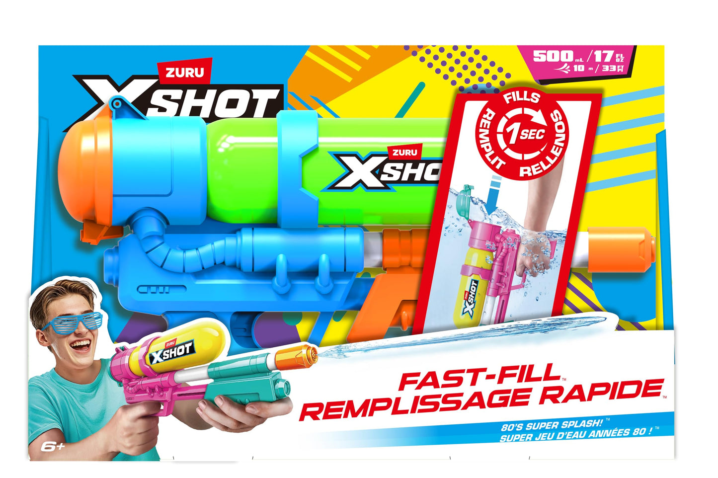 Green XSHOT Water Fast-Fill 80s Super Splash water blaster with 33ft range, 500ml tank, outdoor summer water toy for kids.