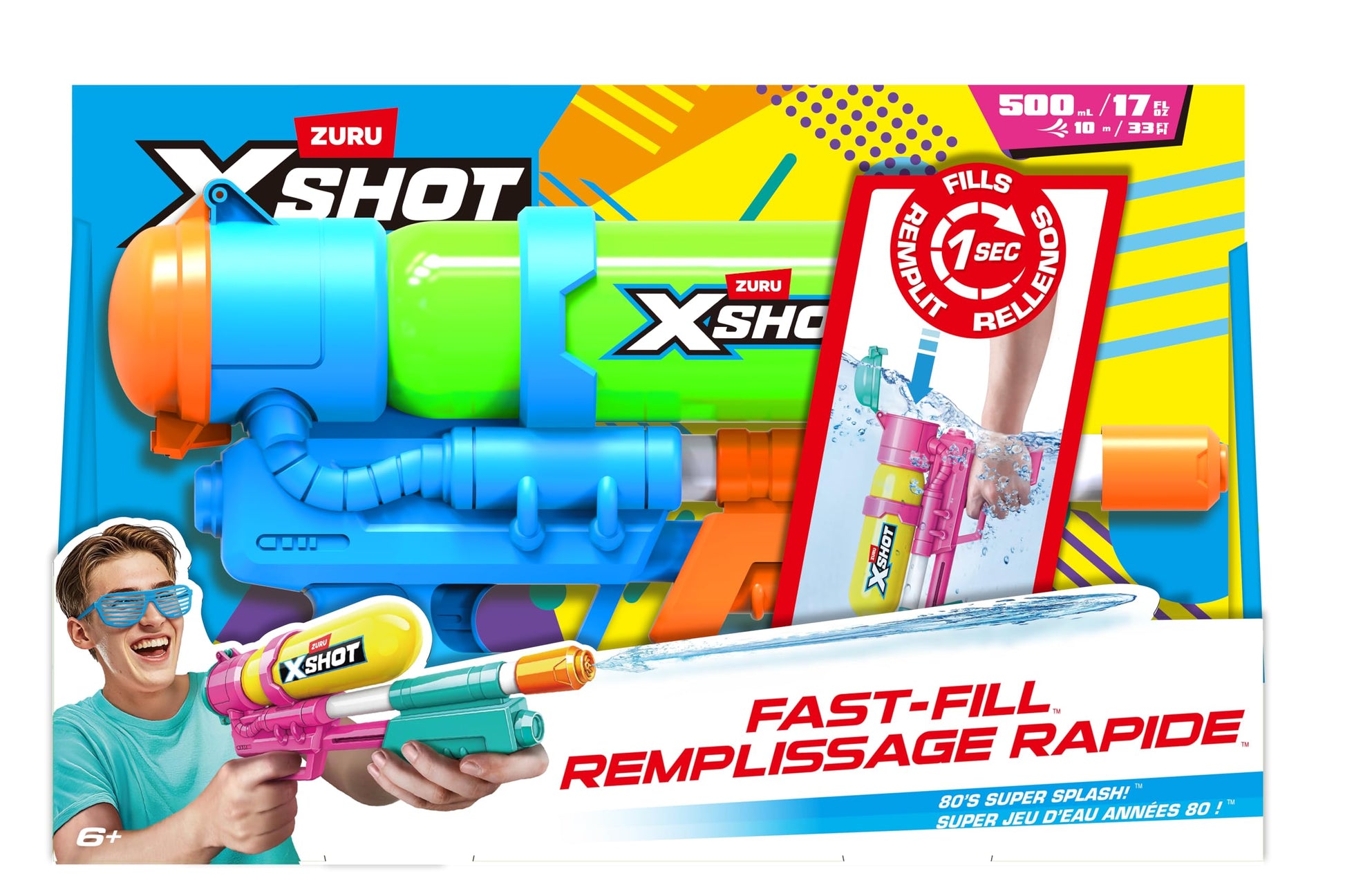 Green XSHOT Water Fast-Fill 80s Super Splash water blaster with 33ft range, 500ml tank, outdoor summer water toy for kids.