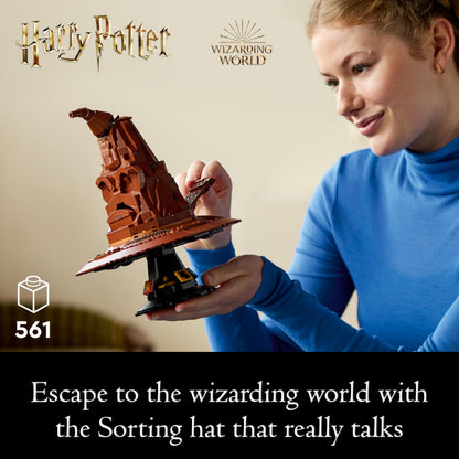 LEGO Harry Potter Talking Sorting Hat set with character minifigure and sound features, perfect for adult builders.