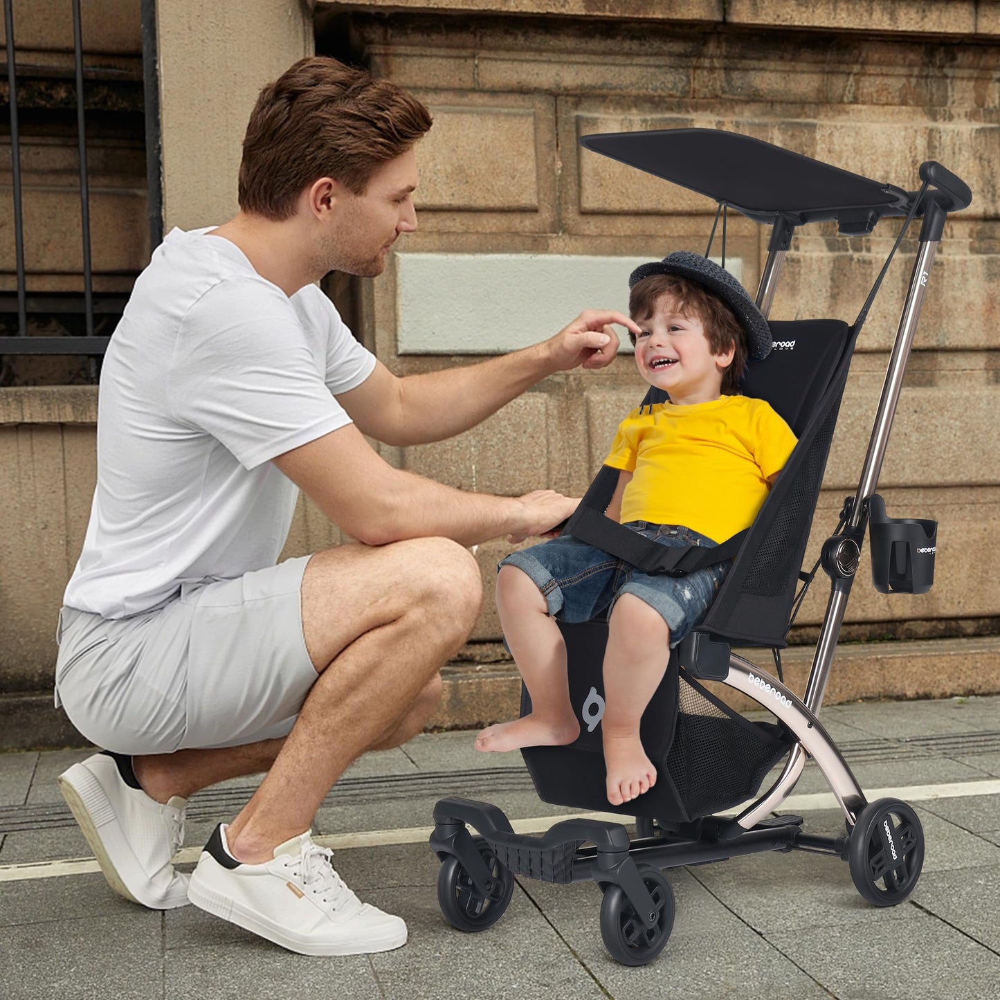 Beberoad R1 Auto-Fold Travel Stroller for Airplane, Ultra Compact Stroller Pushchair Buggy for Babies, Kids, Toddlers Over 6 Months, Lightweight Baby Pram Trolley Cabin Approved, Only 11.5 lbs, Black