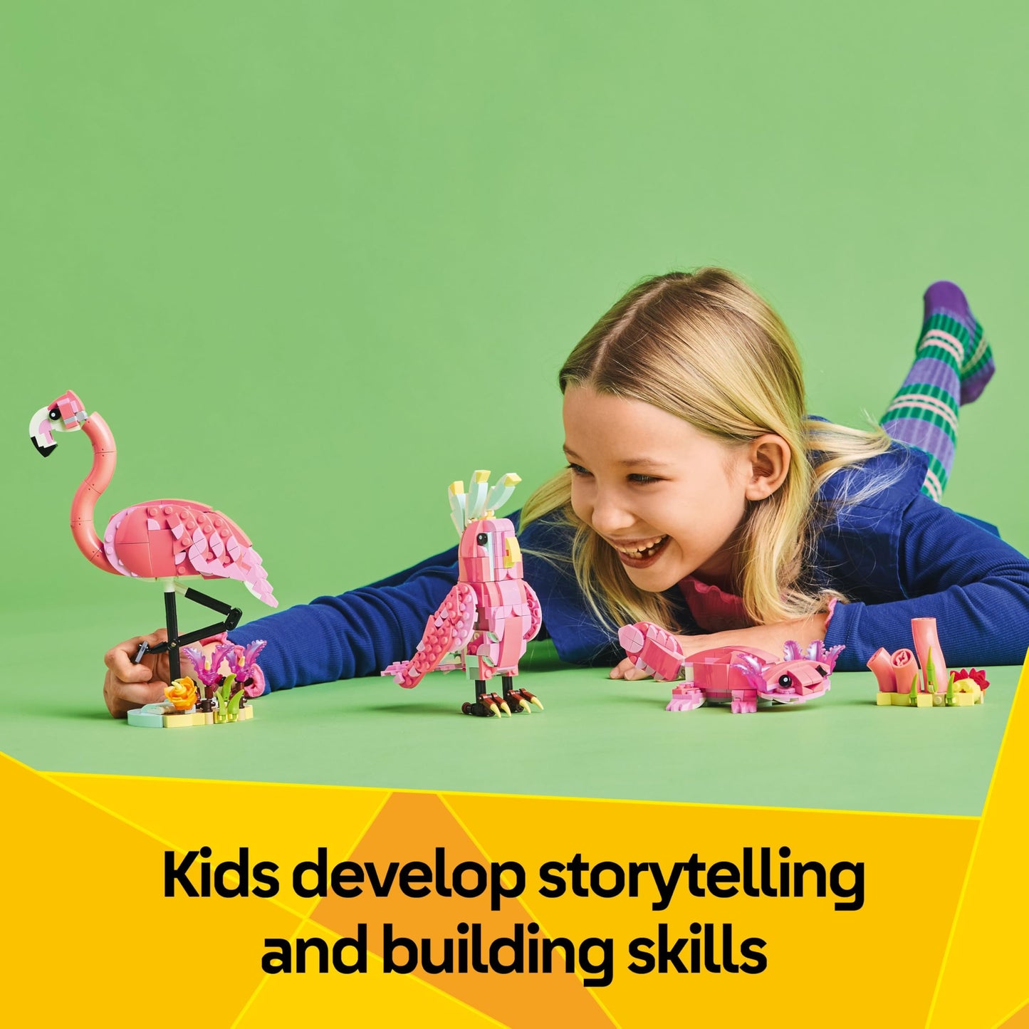 LEGO Creator 3in1 Wild Animals set featuring a pink flamingo, cockatoo, and axolotl for creative play and building fun.