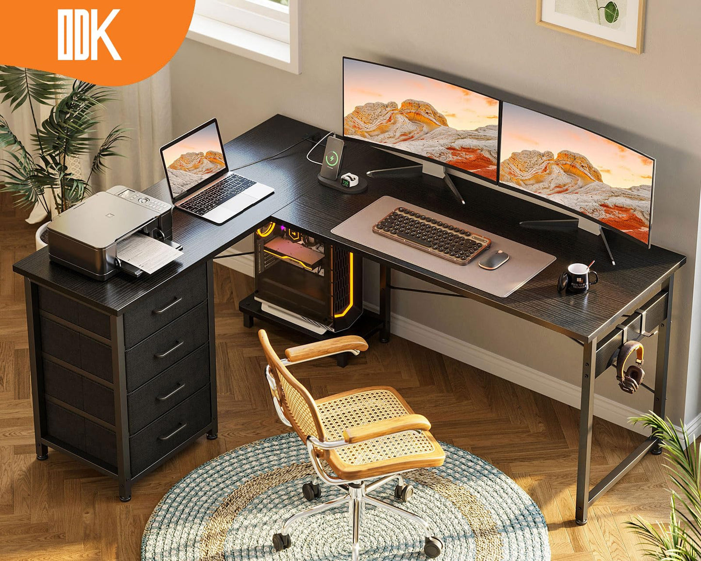 ODK Corner Desk with Drawers, Reversible L Shaped Computer Desk with Power Outlet, Office Desks with USB Charging Port and Host Stand for Home Office Black, 135×100cm