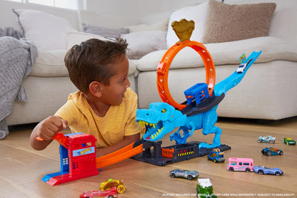 Hot Wheels City Racetrack featuring T-Rex Chomp Down with a giant loop and included toy car in 1:64 scale.