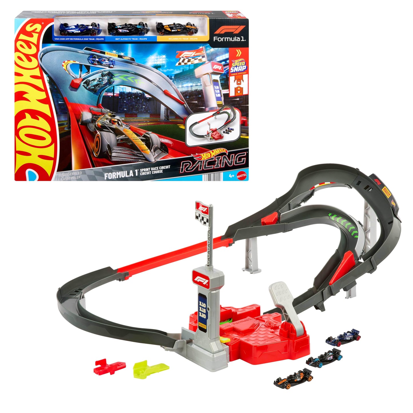 Hot Wheels Toy Car Track Set, 3 Formula 1 Die-Cast Vehicles in 1:64 Scale: McLaren F1 Team, Alpine & VCARB, Sprint Race Circuit (Teams May Vary), JDY15