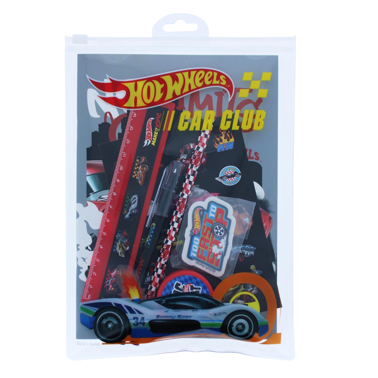 Blueprint Collections Hot Wheels Super Stationery Set with A5 exercise book, ruler, pen, pencil, eraser, sharpener, and stickers for school