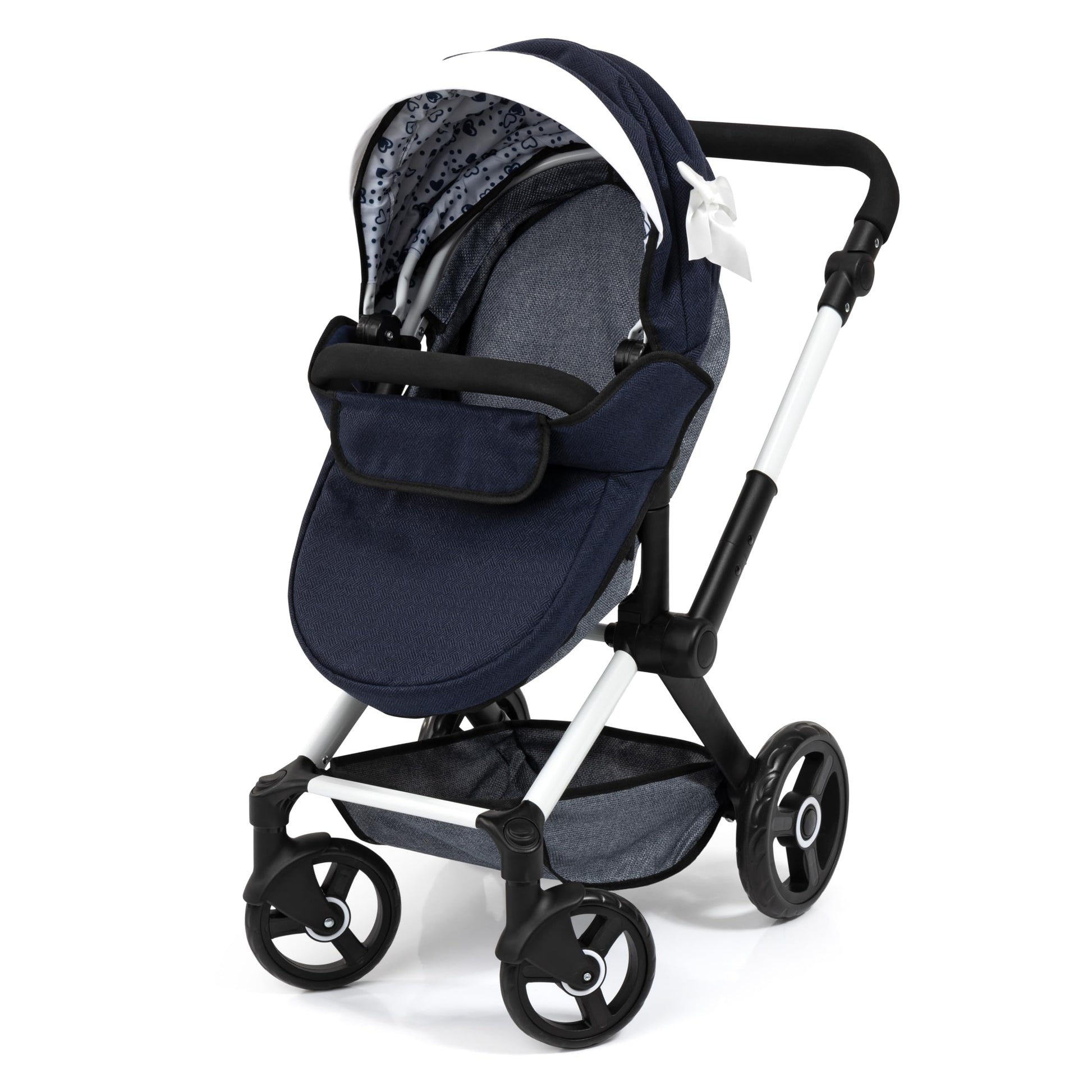 Bayer Baby Dolls Pram XEO in navy blue with ribbon, convertible doll stroller, carrycot, changing bag, adjustable handle for girls.