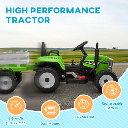 HOMCOM Kids Electric Car, 12V Electric Ride on Tractor and Trailer with Detachable Trailer Remote Control, USB, Horn, Lights, Start-Up Sound, for Ages 3-6 Years, Green