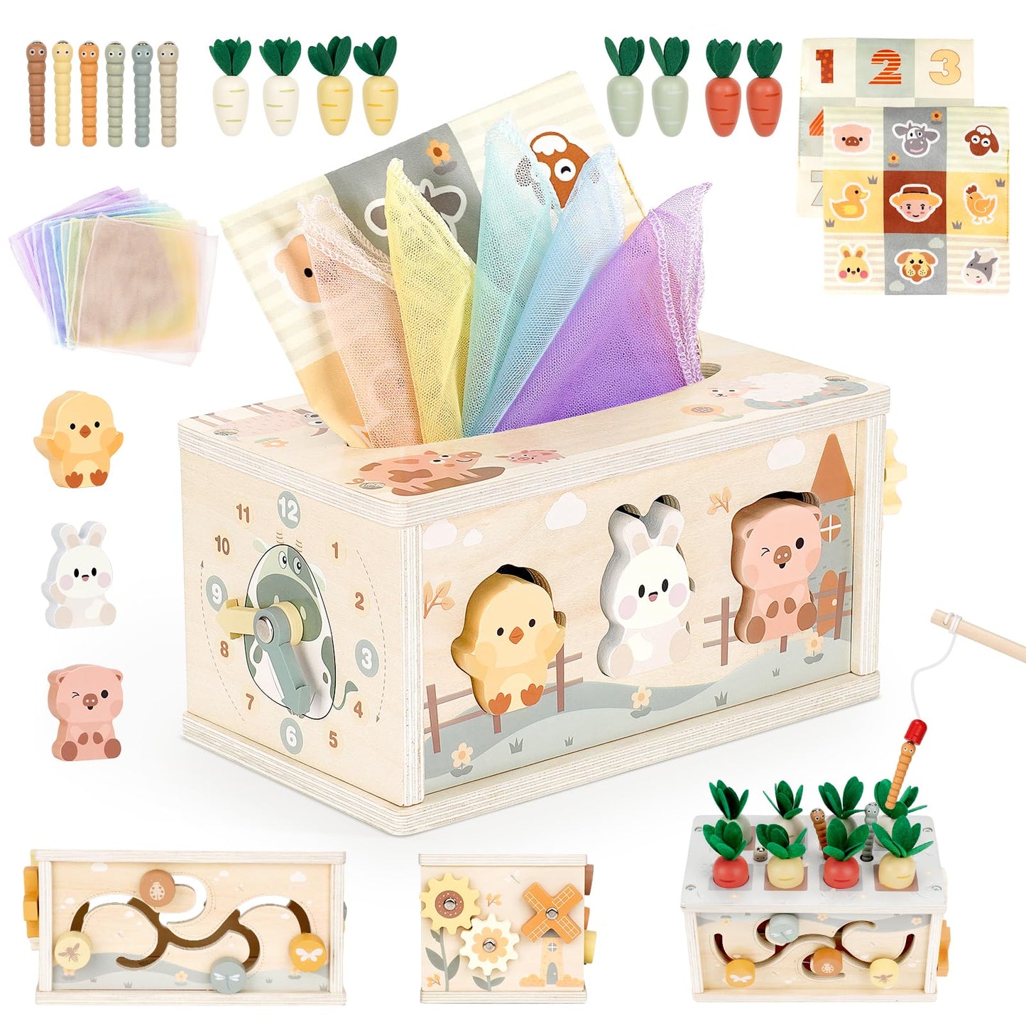 Vanplay Montessori Toys for 1 Year Old, 6 in 1 Baby Tissue Box Toy Wooden Activity Cube, Shape Sorter Sensory Toys for Babies 12 Months, 1st Birthday Gifts for Girls Boys