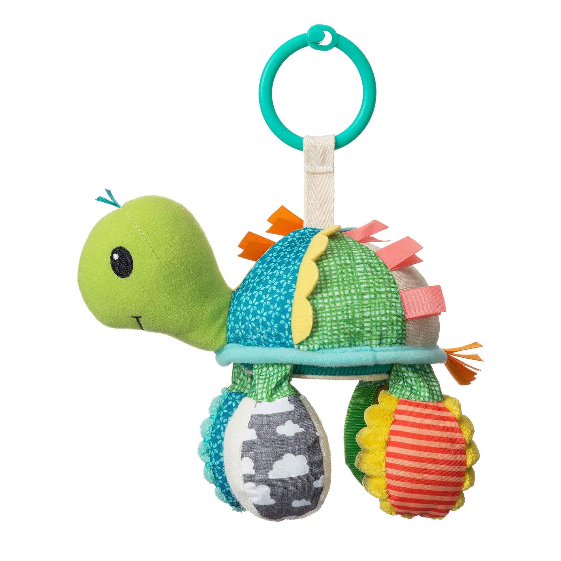 Infantino Go Gaga Turtle Activity Mirror clipped to a stroller, designed for tummy time and sensory play for newborn babies.